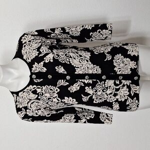 August Silk C'est City Silk Blend Black Cream Preppy Velvet Trim Cardigan Size L